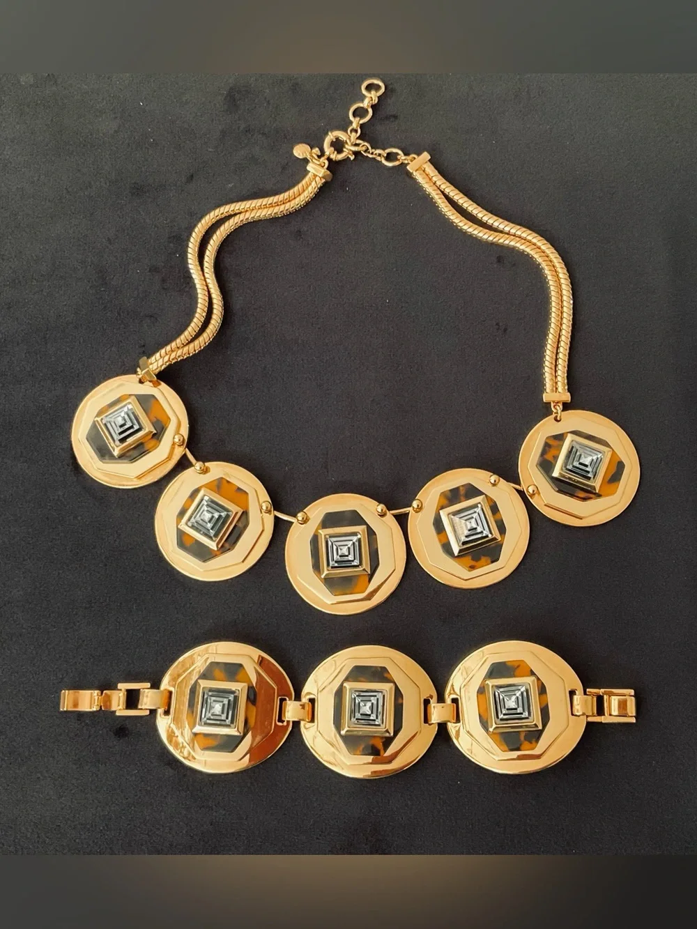#275 J Crew Statement Crystal Pyramid Tortoise Necklace & Bracelet Set